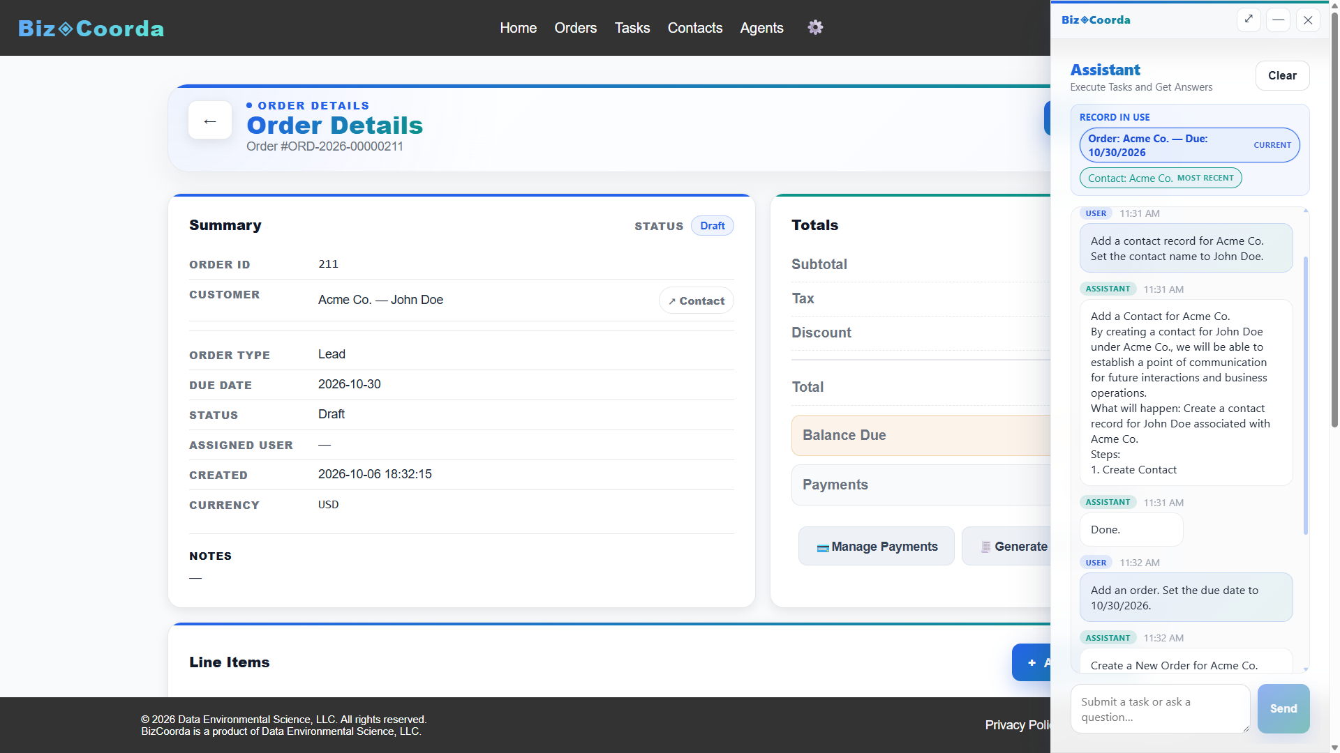 BizCoorda business operations showing a created order generated by the assistant.